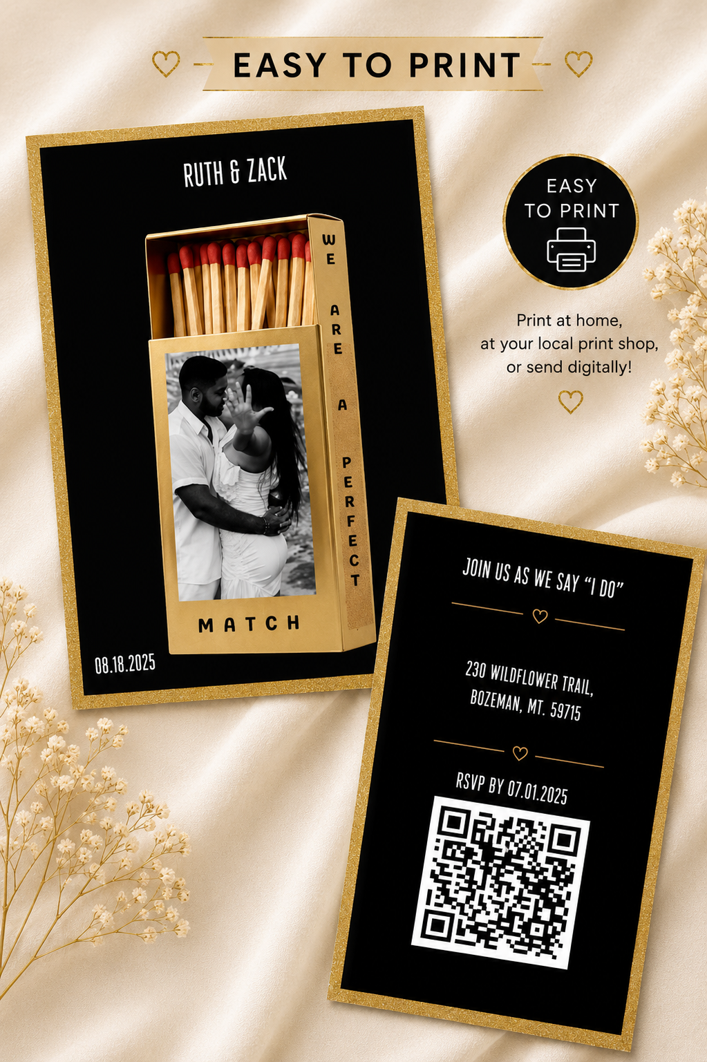 Matchbook Wedding Invitation, Perfect Match Template, Editable in Canva, Digital Download