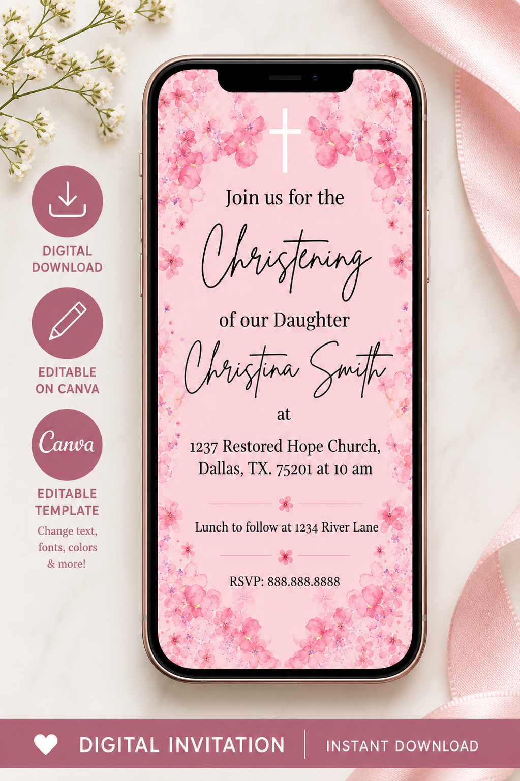 Christening Invitation Template, Baptism Invite, Editable In Canva, Pink