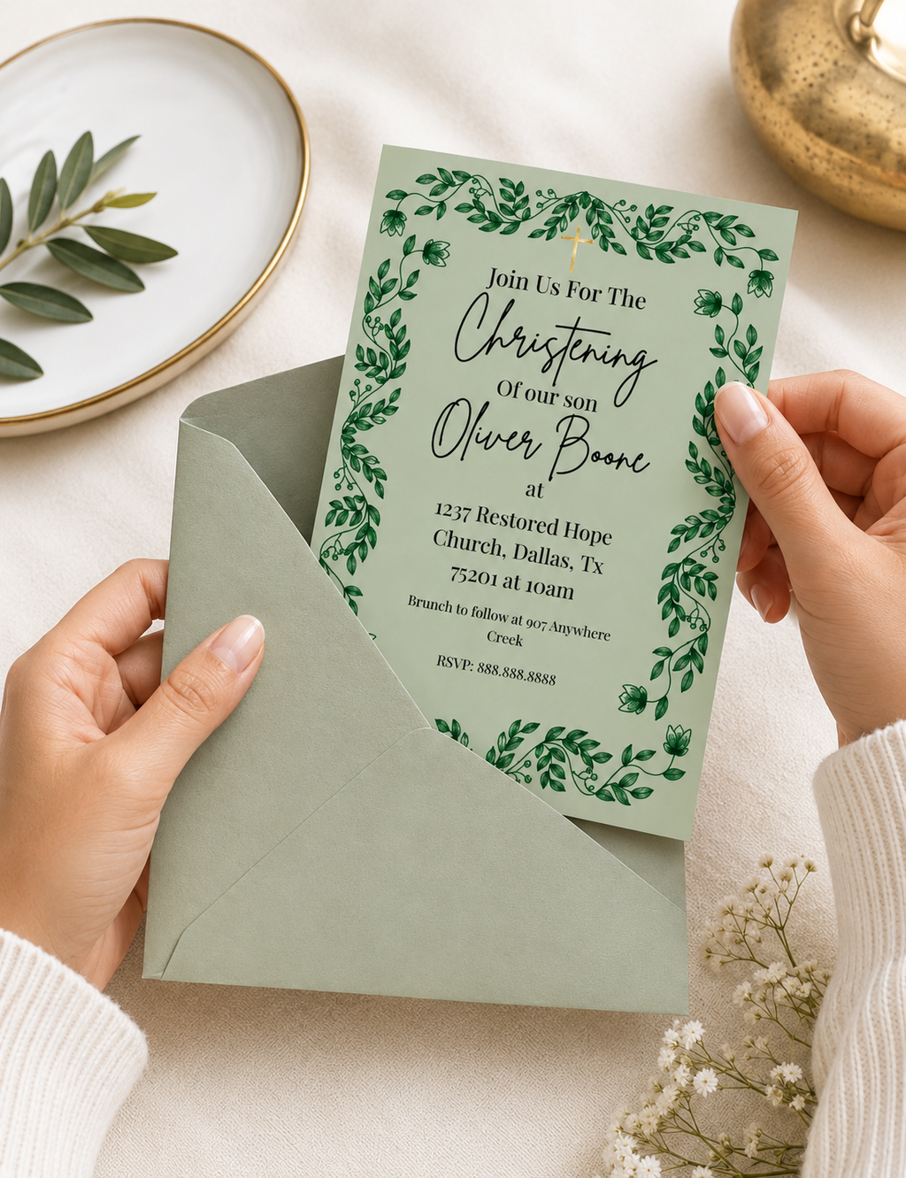 Sage Green Baptism Invitation, Modern Botanical Christening Template (Digital Download)