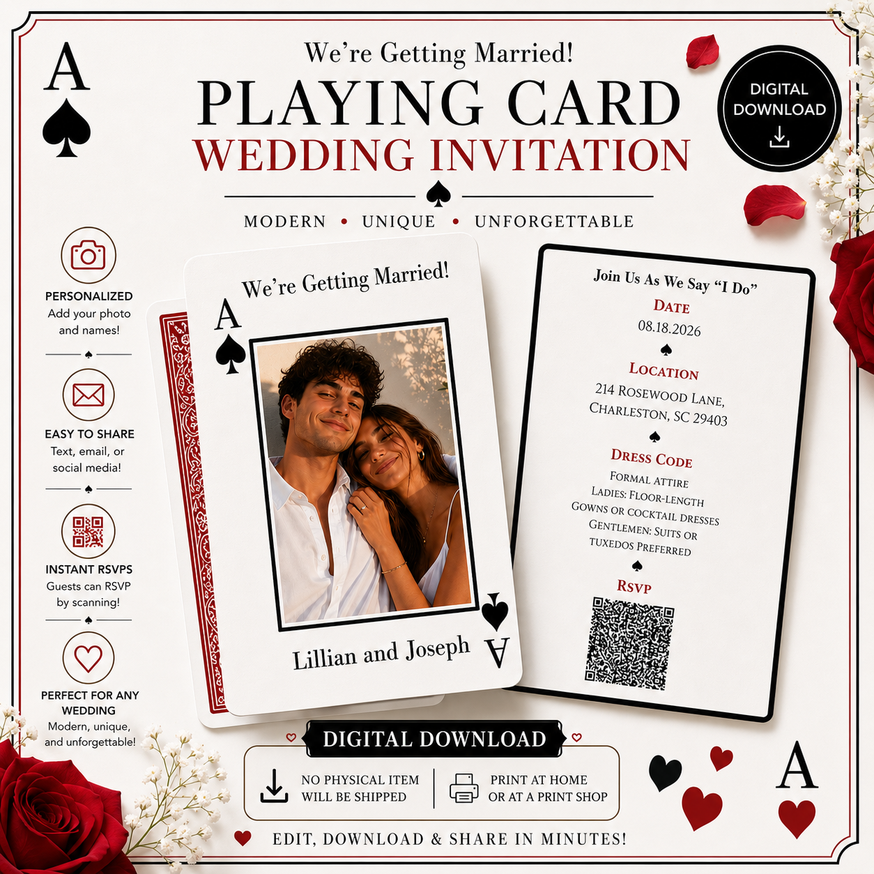 Playing Card Wedding Invitation |Ace of Spades| Digital Download | Editable in Canva