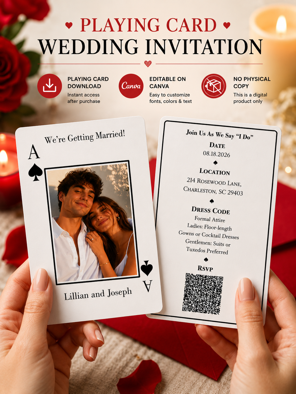 Playing Card Wedding Invitation |Ace of Spades| Digital Download | Editable in Canva