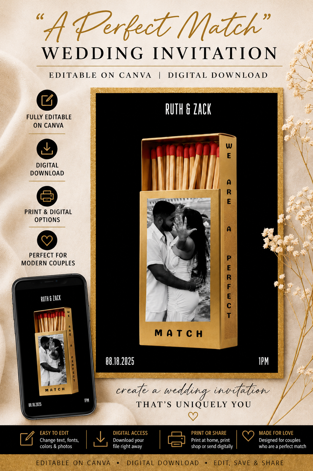Matchbook Wedding Invitation, Perfect Match Template, Editable in Canva, Digital Download