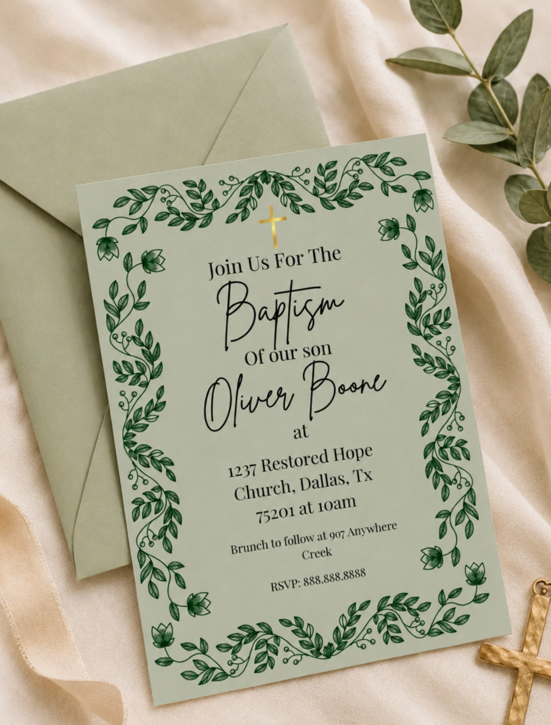 Sage Green Baptism Invitation, Modern Botanical Christening Template (Digital Download)