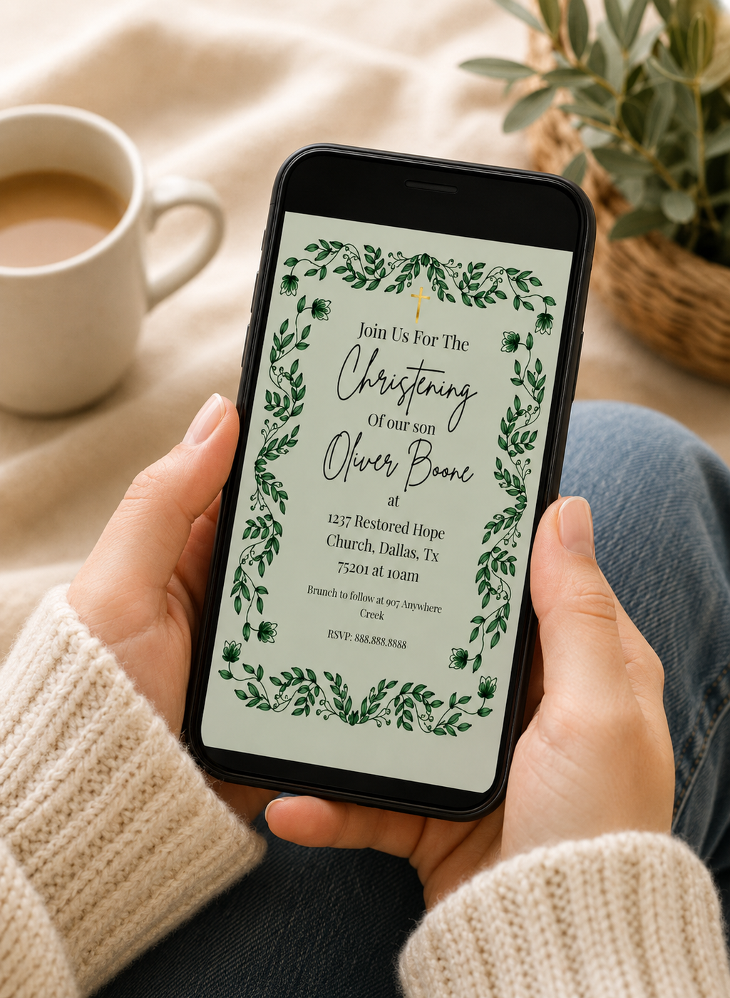 Sage Green Baptism Invitation, Modern Botanical Christening Template (Digital Download)