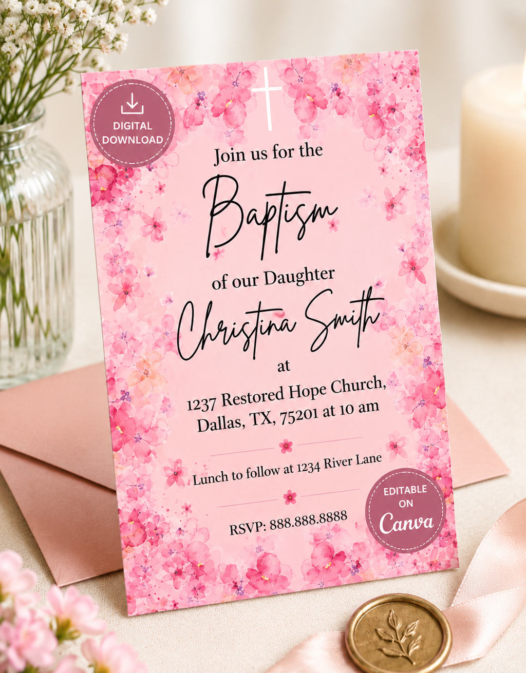 Christening Invitation Template, Baptism Invite, Editable In Canva, Pink