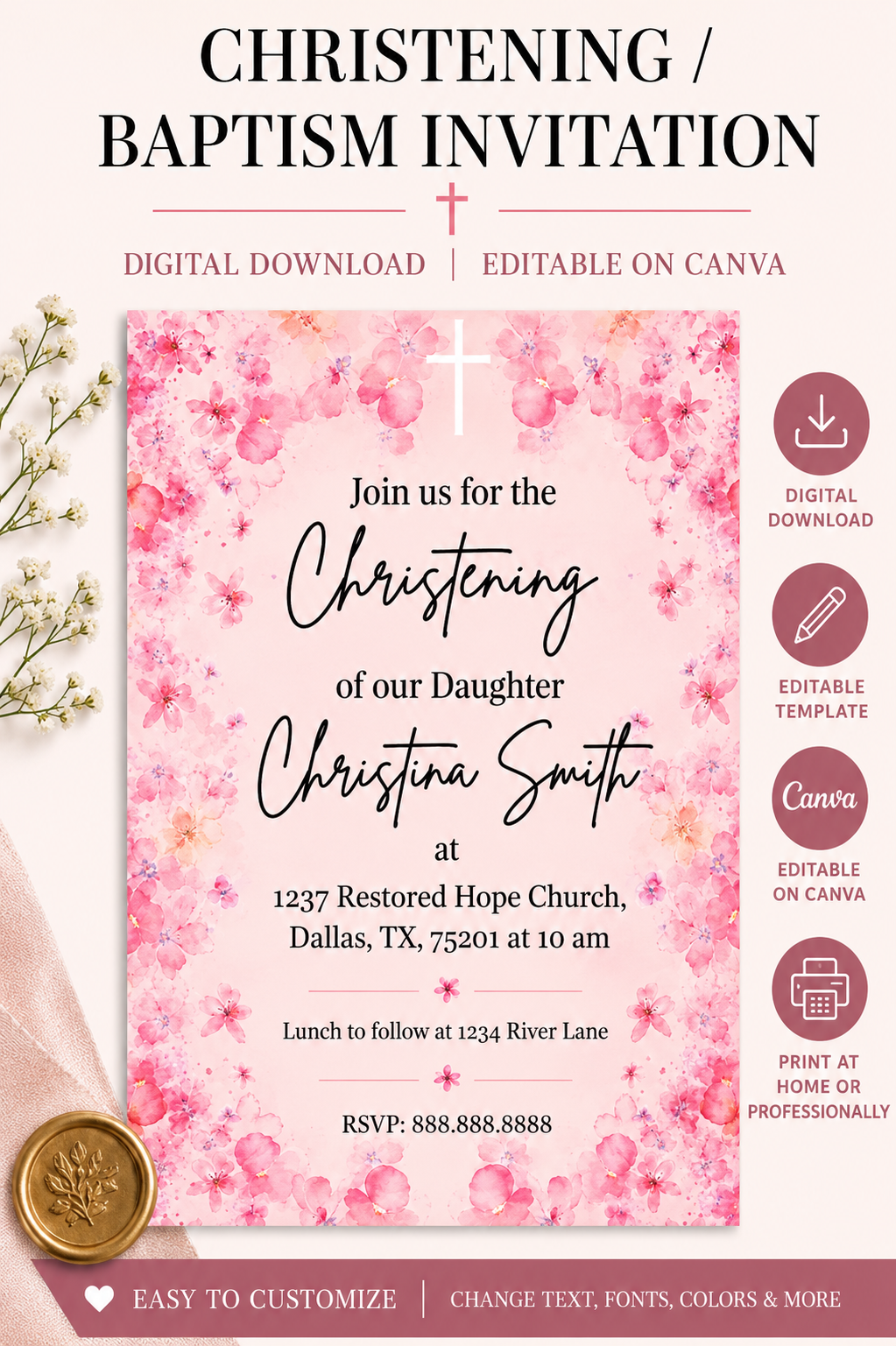 Christening Invitation Template, Baptism Invite, Editable In Canva, Pink